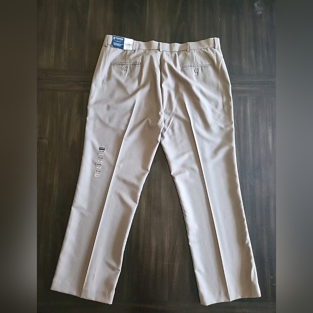 STAFFORD Signature Dress Pants Mens 42 x 30 Flat Front Taupe Stripe Slacks NWT - Picture 4 of 8